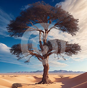 Surreal Vast Desert Landscape with a Singular Tree