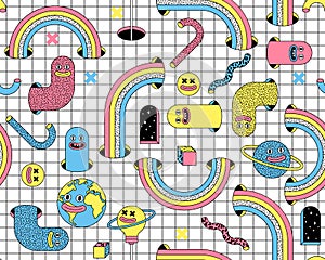 Surreal vector seamless pattern with emoji, rainbow, arch, space in trendy psychedelic weird cartoon style.