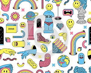 Surreal vector seamless pattern with sculpture, emoji, rainbow, arch, space, stairs in trendy weird cartoon style.