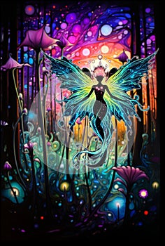 Surreal vibrant colorful bioluminescence fairy forest photo