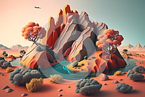 Surreal vibrant landscape with alien-like otherworldly terrain with mountains and hills