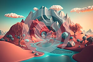 Surreal vibrant landscape with alien-like otherworldly terrain with mountains and hills