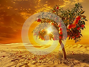 Surreal Vibrant Oasis Scene with Single Fruit Tree in Vast Desert Under Golden Sunset Sky