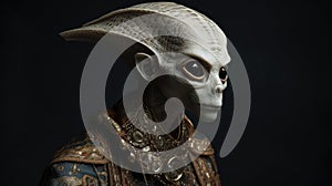 Surreal view long-headed alien in traditional clothes, dark background. Generative ai