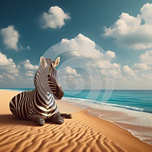 Surreal view of a zebra sitting on an empty beach