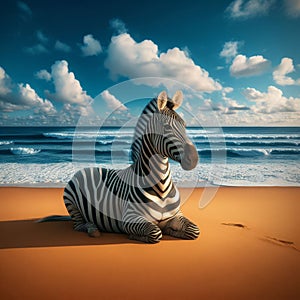 Surreal view of a zebra sitting on an empty beach