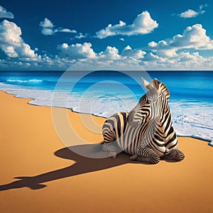 Surreal view of a zebra sitting on an empty beach