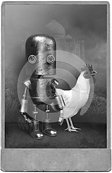 Surreal Vintage Photograph, Robot, Chicken