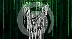 Water Matrix Code Liquid Data Flowing from Digital Matrix Background