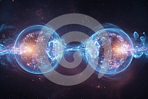 Surreal visualization of quantum entanglement, with two mirrored energy spheres connected by glowing strings. By generative Ai