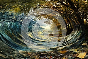 Surreal wave forming amidst autumn trees near a tranquil river at sunset