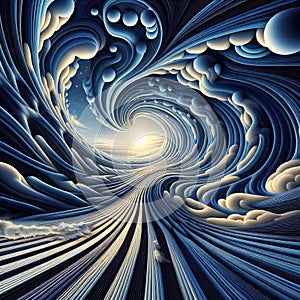 Surreal wave pattern with distorted perspectives, photorealist photo