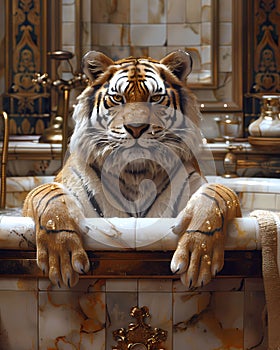 Surreal Whimsical Tiger in Bathtub Painting, Transgressive Art for Behance, Ambient Occlusion