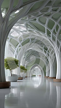 Surreal white architectural corridor with unique design elements