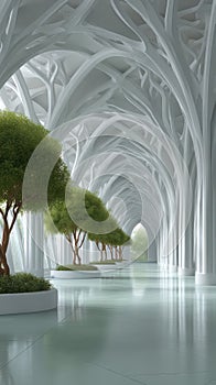 Surreal white architectural corridor with unique design elements