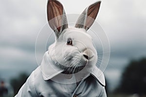 Surreal white rabbit in a cloak in the style of the movie Shutter Island made with generative AI