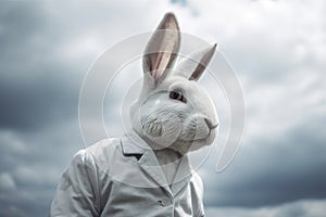 Surreal white rabbit in a cloak in the style of the movie Shutter Island made with generative AI