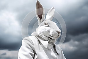 Surreal white rabbit in a cloak in the style of the movie Shutter Island made with generative AI