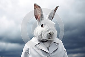 Surreal white rabbit in a cloak in the style of the movie Shutter Island made with generative AI