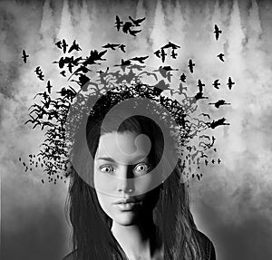 Surreal Woman, Birds Hair Illustration