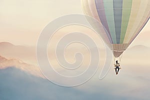 Surreal woman enjoying herself on a swing hanging from a hot air balloon