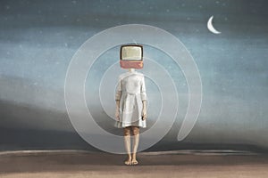 Surreal woman with tv on her head photo
