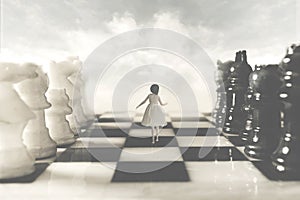 Surreal woman walks with fear amidst chessboard rivals