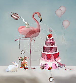 Surreal wonderland party with a pink flamingo