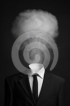 Surrealism and business topic: the smoke instead of a head man in a black suit on a dark background in the studio