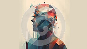 Surrealism colorful geometric portrait of a person on beige background