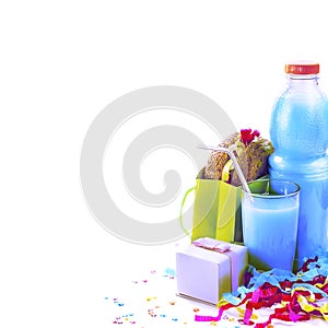 Surrealism Festive composition drinks snacks holiday hamburger cookie tinsel confetti gift box cocktail saturated colors.