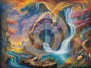 surrealism image landscapes of sinuosity wave flowers river and waterfall while herons hidden among an explosion of colors.