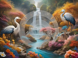 surrealism image landscapes of sinuosity wave flowers river and waterfall while herons hidden among an explosion of colors.