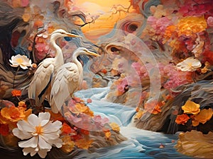 surrealism image landscapes of sinuosity wave flowers river and waterfall while herons hidden among an explosion of colors.