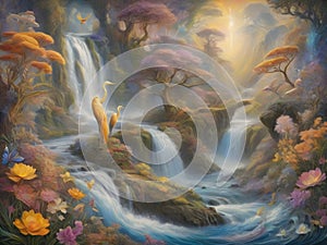 surrealism image landscapes of sinuosity wave flowers river and waterfall while herons hidden among an explosion of colors.