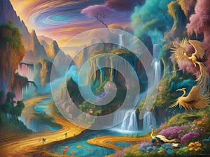 surrealism image landscapes of sinuosity wave flowers river and waterfall while herons hidden among an explosion of colors.