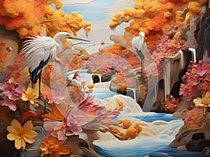 surrealism image landscapes of sinuosity wave flowers river and waterfall while herons hidden among an explosion of colors.