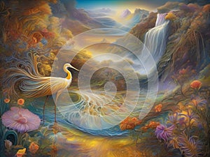 surrealism image landscapes of sinuosity wave flowers river and waterfall while herons hidden among an explosion of colors.