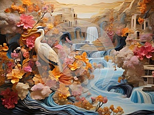 surrealism image landscapes of sinuosity wave flowers river and waterfall while herons hidden among an explosion of colors.