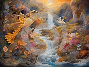 surrealism image landscapes of sinuosity wave flowers river and waterfall while herons hidden among an explosion of colors.