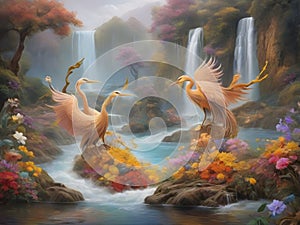 surrealism image landscapes of sinuosity wave flowers river and waterfall while herons hidden among an explosion of colors.