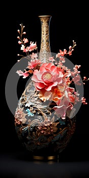 Surrealist Ceramic Vase Art With Floral Pattern And Glitters