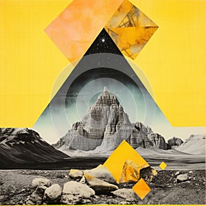 Surrealist Collage: Yellow And Black Mountains In Graphic Style