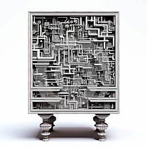Surrealist 3d Printed Cabinet With Circuit Drawings In Liquid Metal photo