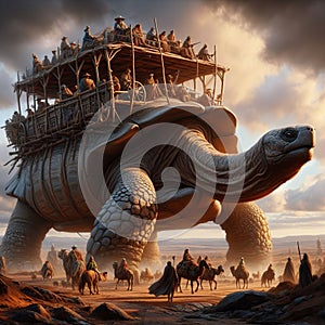 A surrealist drawing of a giant tortoise carrying passengers o photo