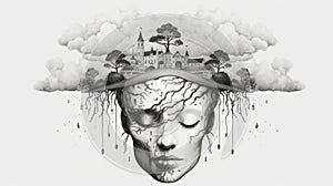 Surrealist Fantasy Landscape Tattoo With Woman\'s Head On Map photo