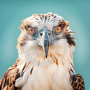 Surrealist Humor: Close-up Photo Of Osprey With Bright Orange Eyes On Blue Background