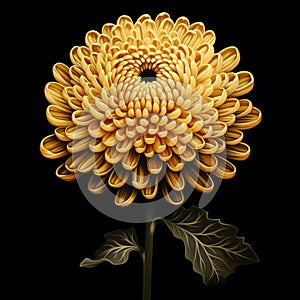 Surrealist Illustration Of Golden Chrysanthemum On Black Background