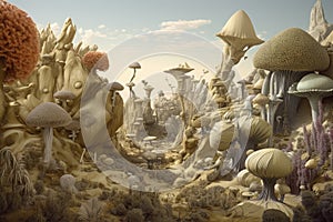surrealist landscape, with bizarre and otherworldly lifeforms roaming