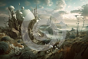 surrealist landscape, with bizarre and otherworldly lifeforms roaming